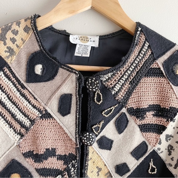 Sandy Starkman Vintage 80’s Wool Patchwork Art to Wear Crop Jacket Black Tan, S - Picture 2 of 10